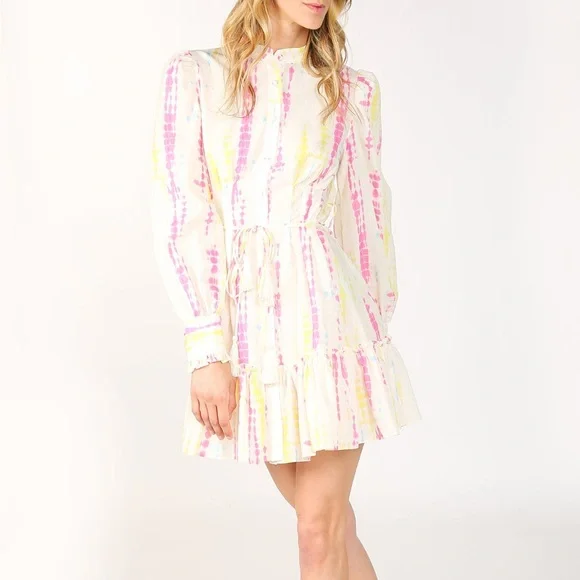 NWT Beulah Women's SZ L Shirt-dress Tie-Dye Bishop Sleeve Tiered Preppy Dress - Picture 5 of 9